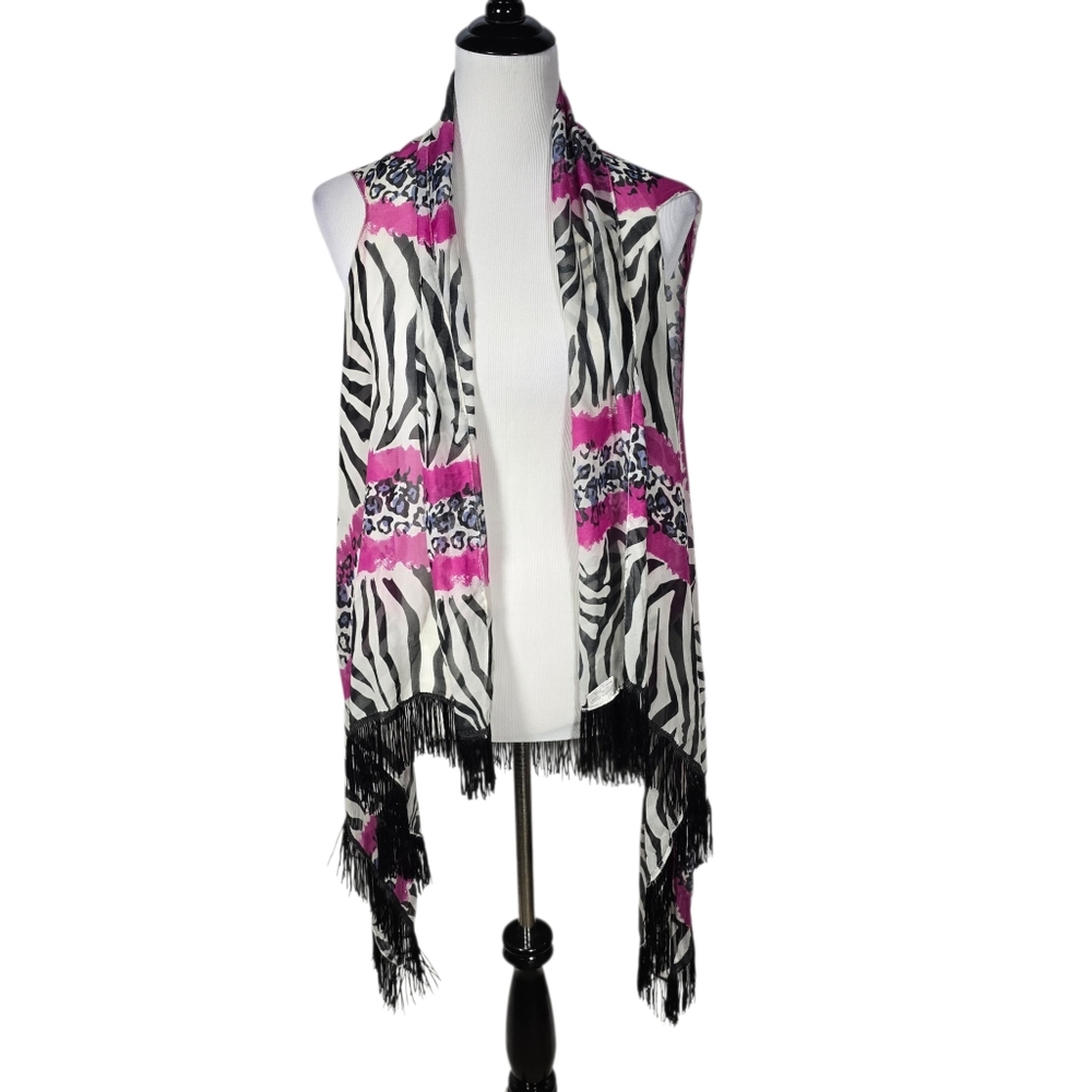Lavello Cutting Edge OS Zebra & Hot Pink Fringe Open Shawl Convertible Vest